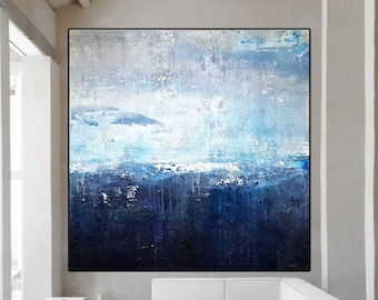 Original Deep Blue Sea Abstract Art Sky Landscape Painting,Sea Level Abstract Oil Painting,Abstract Art Oil Painting,Large Wall Sea Painting