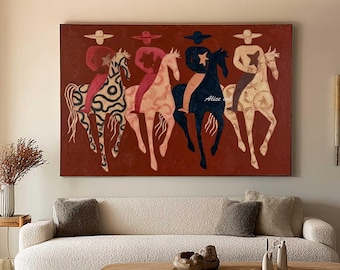 Pintura abstracta de vaqueros / Arte mural de caballos del oeste sin rostro / Arte del suroeste en terracota roja