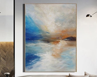 Large Abstract Painting On Canvas, Beige Painting Blue Painting Abstract Painting, Sunrise Landscape Painting,Ocean Art,Extra Large Wall Art