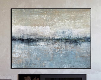 Original large-scale Landscape Abstract Painting, Blue Ocean Abstract Painting, Sea and Sky Landscape Painting, Beige Abstract Oil Painting