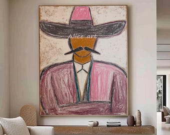 Abstract Faceless Man with Mustache and Hat Painting | Pink and Neutral Tones Contemporary Ar