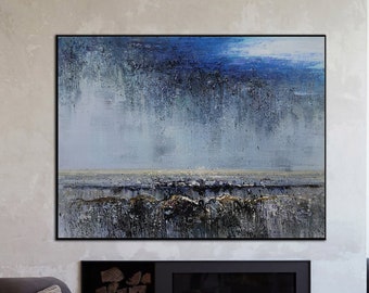 Original Sky Landscape Abstract Painting,Blue Abstract Art,Grey Abstract Painting,Abstract Oil Painting,Large Wall Art Sea Abstract Painting