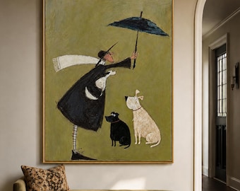 Umbrella Man Canvas Oil Painting, Whimsical Man and Dogs Wall Decor, Large Green Abstract Art