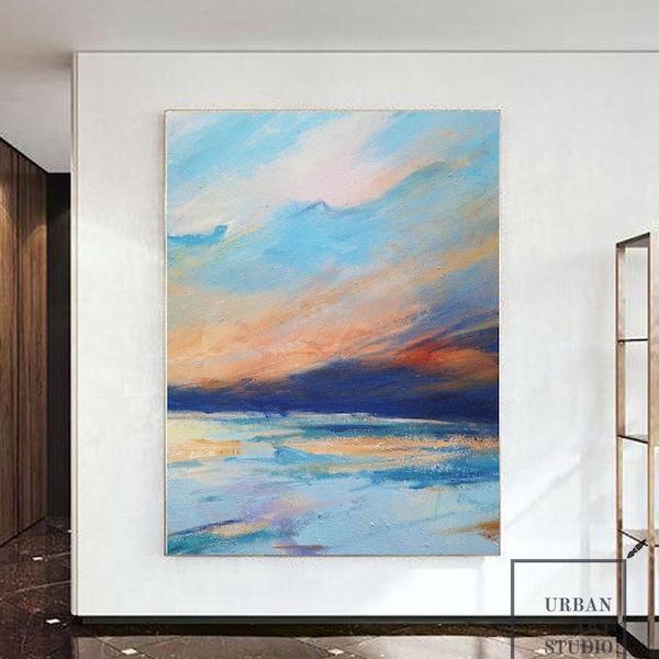 Original Cloud Abstract Painting, Blue Sea Abstract Painting, Sky Abstract Painting, Large Orange Abstract Painting, Large Wall Canvas Art