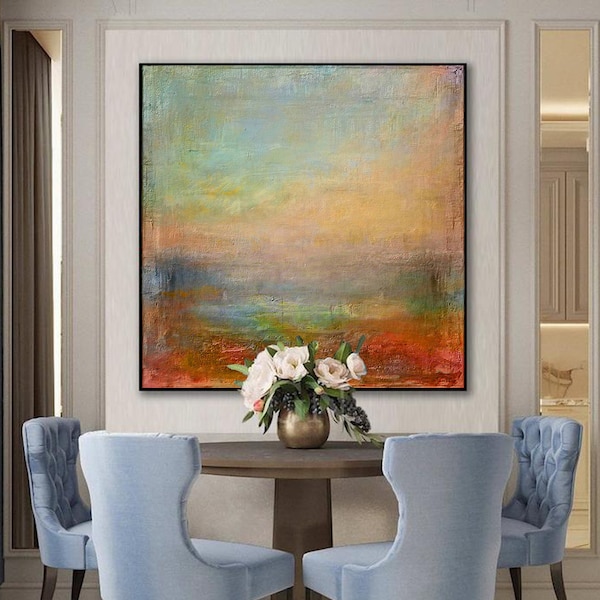 Original Orange Abstract Painting,Large Sky Abstract Oil Painting,Abstract Art,Large Wall Green Abstract Art Painting,Sea Oil Painting