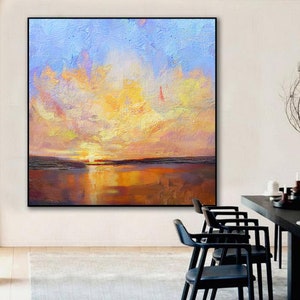 Large Sunset Landscape Painting,Sky Abstract Art Painting On Canvas,Gold Painting Orange Painting,Sea Abstract Canvas Wall Art Office Decor