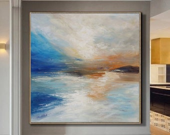 Large Abstract Painting On Canvas, Sunrise Landscape Painting,Beige Painting Blue Painting Abstract Painting,Ocean Art,Extra Large Wall Art