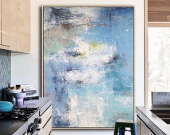 Acrylic Abstract Paintings On Canvas, Large Texture Abstract Painting, Abstract Painting, Blue White Abstract Art, Large Living Room Art