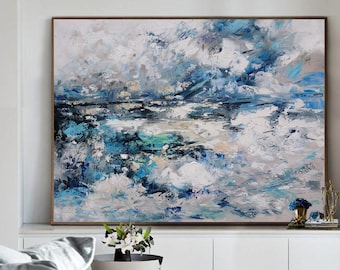 Original Blue Abstract Art,White Skt Abstract Painting,Large Cloud Abstract Oil Painting,Living Room Art Painting,Large Wall Canvas Painting