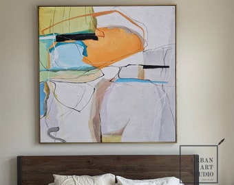 Large Gray Abstract Painting, Original Abstract Painting, Minimalist Abstract Painting,Orange Painting Blue Painting, Large Wall Canvas Art