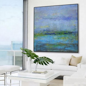 Original Blue Sky Abstract Painting,Sea Level Abstract Oil Painting,Abstract Art,Large Wall Green Abstract Art Painting,Sea Oil Painting