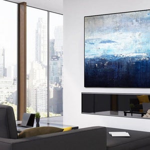 Original Sky Landscape Painting,Deep Blue Sea Abstract Art,Sea Level Abstract Oil Painting,Abstract Art Oil Painting,Large Wall Sea Painting image 3