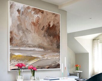 Large Wall Art Abstract Painting,Original Large Cloud Abstract Art Painting,Ocean Painting,Sky Art Abstract Painting,Brown Abstract Painting