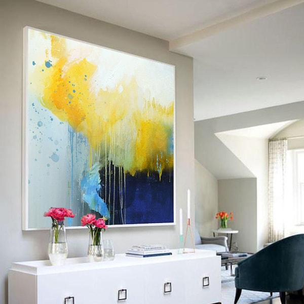 Large Yellow Painting,Deep Blue Abstract Canvas Painting,Minimalist Abstract Painting,Canvas Abstract Oil Painting,Dining Room Art Painting,