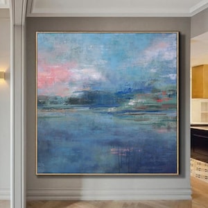 Large Navy Blue Abstract Painting: Ocean Landscape Canvas Art