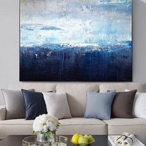 Original Sky Landscape Painting,Deep Blue Sea Abstract Art,Sea Level Abstract Oil Painting,Abstract Art Oil Painting,Large Wall Sea Painting image 2