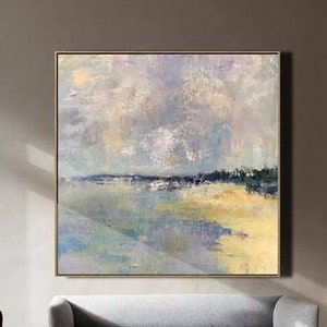 Original Sky And Sea Landscape Painting,Large Wall Grey Abstract Painting,Sea Level Abstract Oil Painting,Yellow Oil Painting,Abstract Art