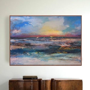 Original Large Sea Level Landscape Painting,Sea Landscape Painting,Large Wall Sky Sea Painting,Sea Level Painting Of Large Sunrise Landscape