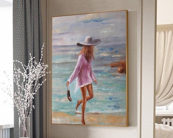 Sexy Girl Beach Oil Painting,Seaside Oil painting,Beach Oil Painting Artwork,Slim Sexy Girl,Beach Holiday Painting,Nudeart Girl Oil Painting