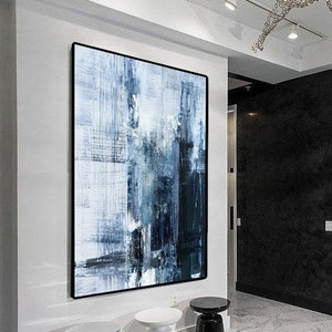 Deep Blue Abstract Oil Painting: Minimalist Wall Canvas Art