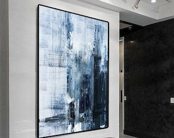Pintura al óleo abstracta azul profundo: Arte minimalista sobre lienzo para pared