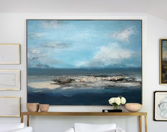 Original Blue Sky Painting,Sea Level Landscape Abstract Painting,Large Wall Sky Painting,Sky & Sea Canvas Painting,Sky Abstract Painting