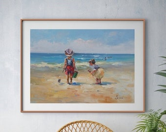 Original Beach Scenery Oil Painting,Small Wall Art  Beach Decor,Child Portrait Oil Painting,Beach House Art,Beach Oil Painting,Beach Artwork