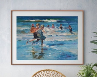 Original Beach Oil Painting,Beach Small Wall Canvas Oil Painting Art,Beach Artwork,Beach Scenery Oil Painting,Beach Little Boy Oil Painting