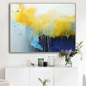 Deep Blue Abstract Canvas Painting, Large Yellow Painting,Minimalist Abstract Painting,Dining Room Art Painting,Canvas Abstract Oil Painting image 1