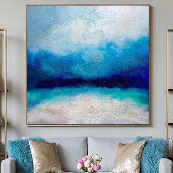 Large Ocean Canvas Oil Painting, Original Turquoise Sea And Blue Sky Landscape Painting, Sky Landscape Oil Painting, Large Wall Sea Painting