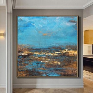 Large Brown Abstract Oil Painting,Deep Blue Sky And Beach Abstract Art Painting,Abstract Art Oil Painting,Large Wall Blue Oil Painting