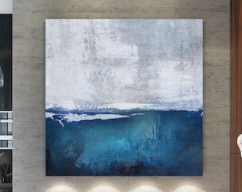 Large Ocean Canvas Painting,Original Deep Blue Sea Level Oil Painting,Large Wall Art Abstract Painting,White Sky Oil painting,Sea Painting