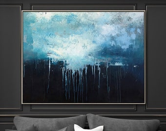 Large Dark Blue Abstract Art Sky Landscape Oil Painting,Black Abstract Oil Painting,Abstract Art Oil Painting,Large Wall Blue Oil Painting