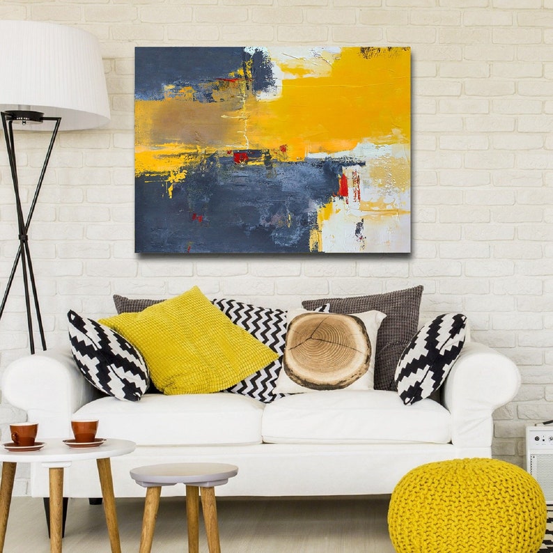 Abstract Painting Canvas,Large Yellow Abstract Painting,Beige Blue Abstract On Canvas Painting,Dark Blue Abstract Painting,Large Wall Art image 1