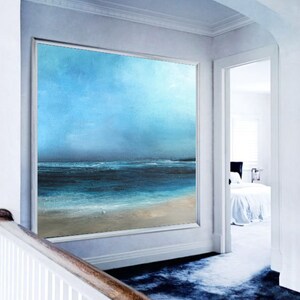 Large Original Sea Level Blue Oil Painting,Large Wall Art Light Blue Sky Oil Painting,Sky Landscape painting,Large Ocean Canvas Oil Painting image 4