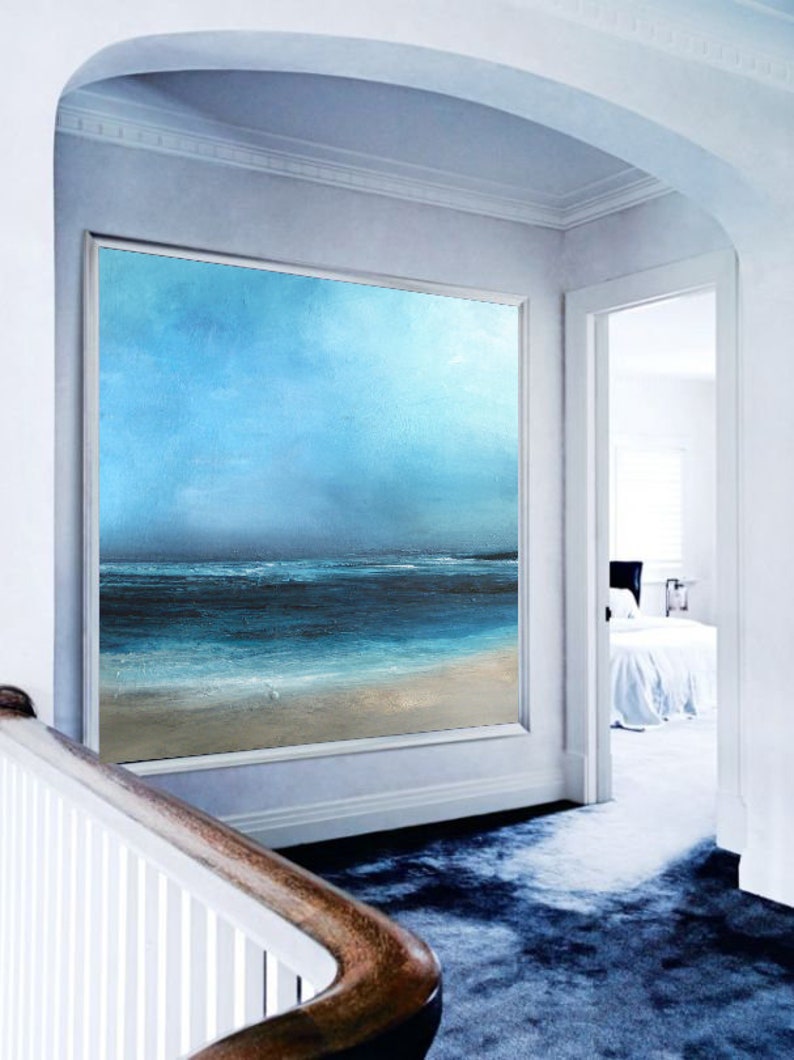 Large Original Sea Level Blue Oil Painting,Large Wall Art Light Blue Sky Oil Painting,Sky Landscape painting,Large Ocean Canvas Oil Painting image 4