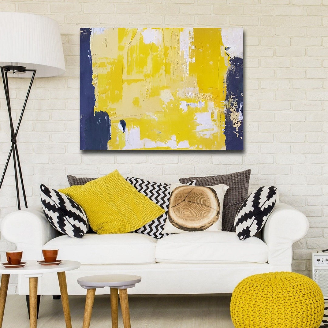 Original Yellow Abstract Wall Art,white Abstract Painting,blue Abstract Art,large Wall Art