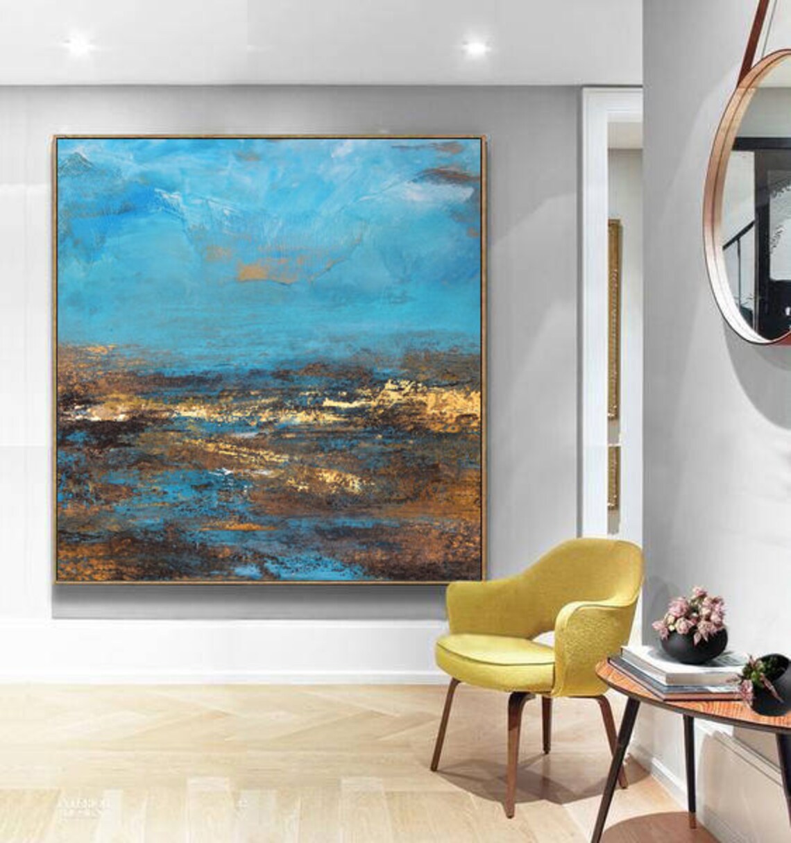 Large Brown Abstract Oil Paintingdeep Blue Sky and Beach Etsy