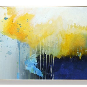 Deep Blue Abstract Canvas Painting, Large Yellow Painting,Minimalist Abstract Painting,Dining Room Art Painting,Canvas Abstract Oil Painting image 9