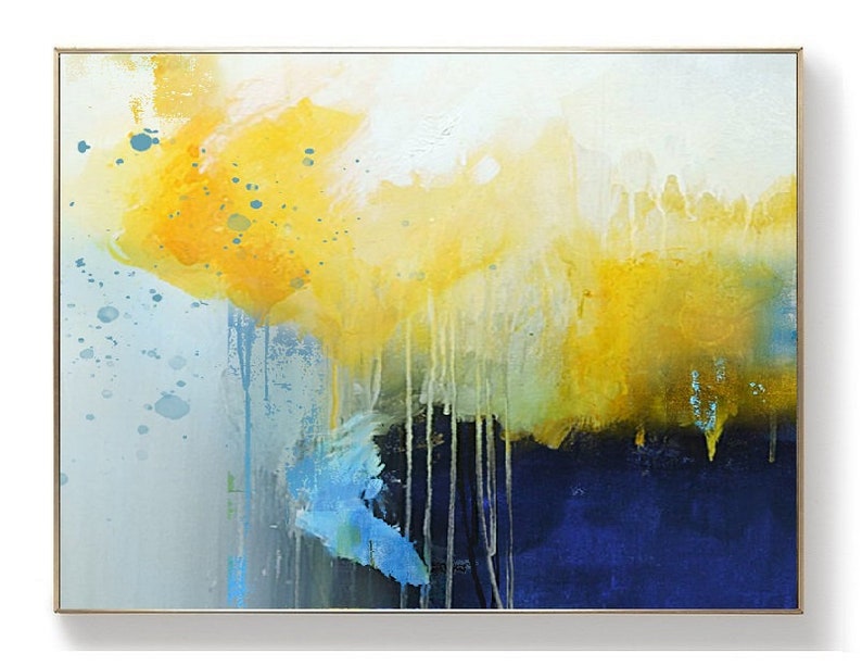 Deep Blue Abstract Canvas Painting, Large Yellow Painting,Minimalist Abstract Painting,Dining Room Art Painting,Canvas Abstract Oil Painting image 9