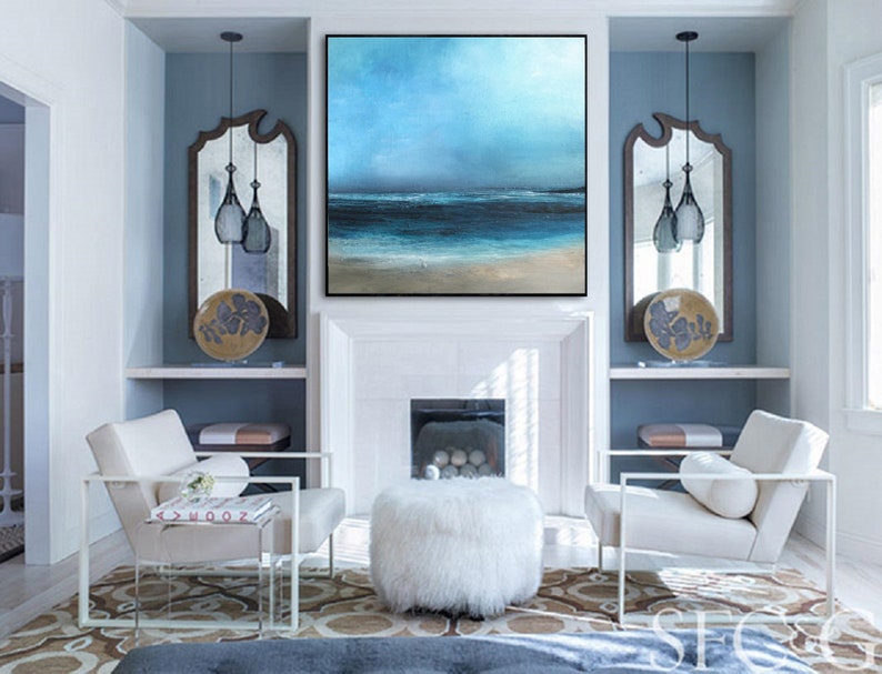 Large Original Sea Level Blue Oil Painting,Large Wall Art Light Blue Sky Oil Painting,Sky Landscape painting,Large Ocean Canvas Oil Painting image 3