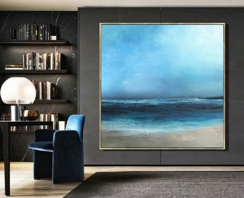 Large Original Sea Level Blue Oil Painting,Large Wall Art Light Blue Sky Oil Painting,Sky Landscape painting,Large Ocean Canvas Oil Painting image 1