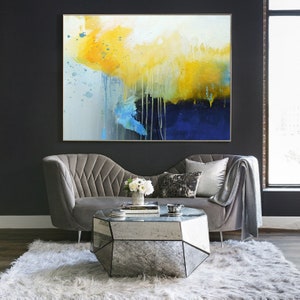 Deep Blue Abstract Canvas Painting, Large Yellow Painting,Minimalist Abstract Painting,Dining Room Art Painting,Canvas Abstract Oil Painting image 4