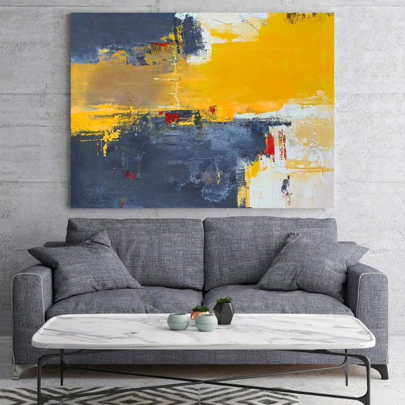 Abstract Painting Canvas,Large Yellow Abstract Painting,Beige Blue Abstract On Canvas Painting,Dark Blue Abstract Painting,Large Wall Art image 7