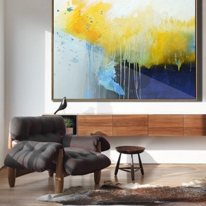 Deep Blue Abstract Canvas Painting, Large Yellow Painting,Minimalist Abstract Painting,Dining Room Art Painting,Canvas Abstract Oil Painting image 6