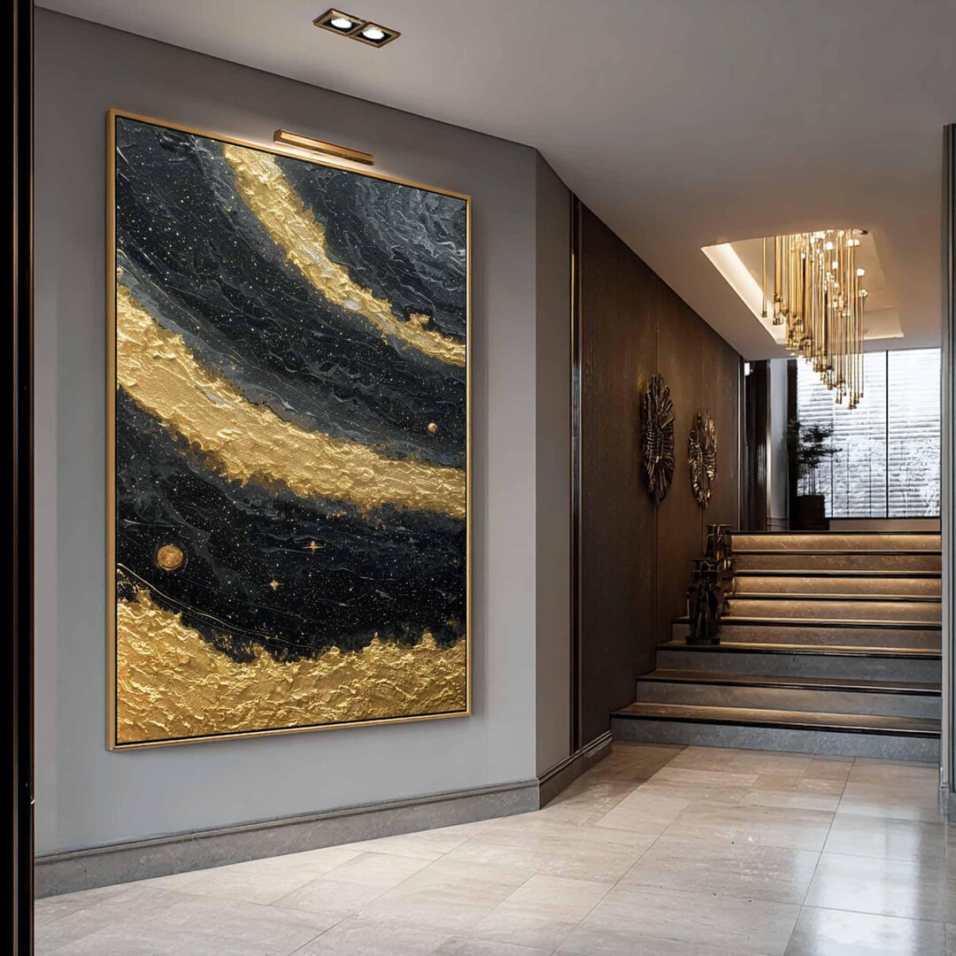 3D Texture Celestial Painting: Black and Gold Impasto Art - Etsy