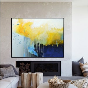 Deep Blue Abstract Canvas Painting, Large Yellow Painting,Minimalist Abstract Painting,Dining Room Art Painting,Canvas Abstract Oil Painting image 5