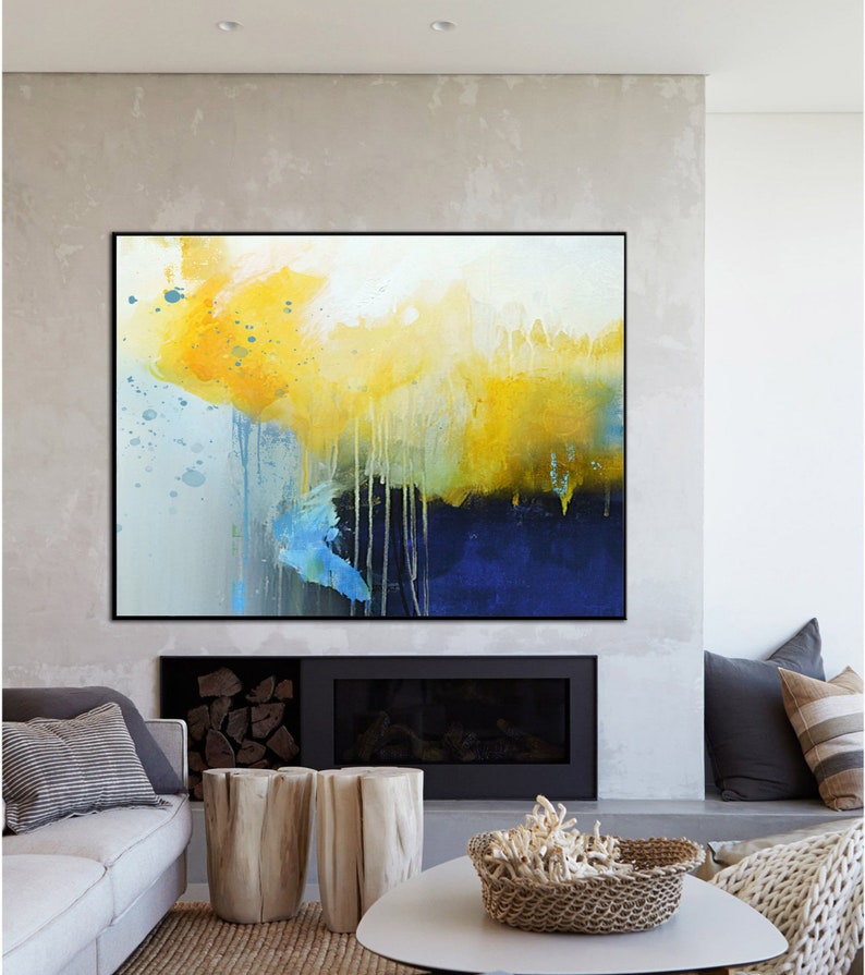 Deep Blue Abstract Canvas Painting, Large Yellow Painting,Minimalist Abstract Painting,Dining Room Art Painting,Canvas Abstract Oil Painting image 5