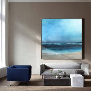 Large Original Sea Level Blue Oil Painting,Large Wall Art Light Blue Sky Oil Painting,Sky Landscape painting,Large Ocean Canvas Oil Painting image 5