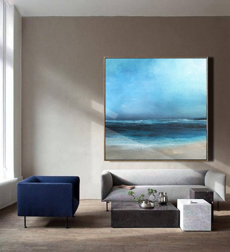 Large Original Sea Level Blue Oil Painting,Large Wall Art Light Blue Sky Oil Painting,Sky Landscape painting,Large Ocean Canvas Oil Painting image 5